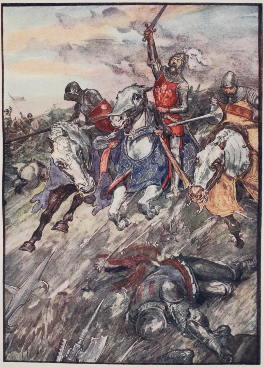"De kastede sig ind i kampen som gale mænd, der var opsat på pludselig død", plade fra "The Story of France" af Mary MacGregor, 1920 (litografi i farver) af William Rainey