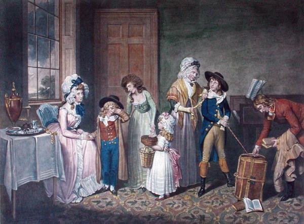 Black Monday, eller The Departure for School, indgraveret af John Jones (ca. 1745-97), pub. af W. Bigg, 1790 (farvestik) (se også 125510) af William Redmore after Bigg