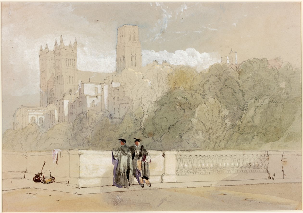 Durham Cathedral fra Prebends Bridge kropsfarve, blyant & wc på papir af William Roxby Beverley