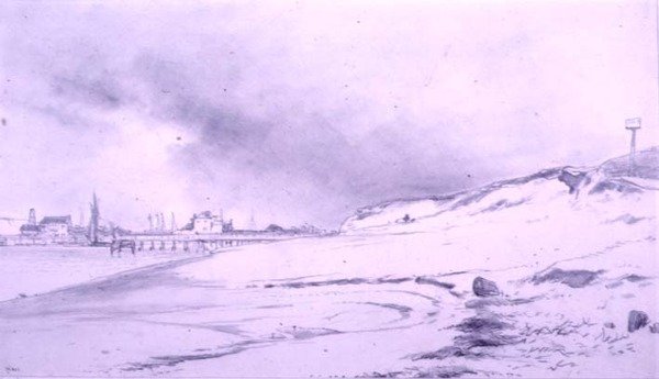 Flodbredden, med mole og bygninger af William Roxby Beverly