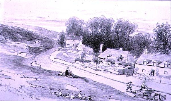 Vej med hytter, vogne og gæs, 1800-tallet af William Roxby Beverly