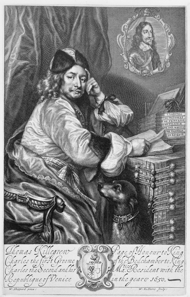 Portræt af Thomas Killigrew (1612-83) Restaurationsdramatiker, frontispice til hans værker, indgraveret af William Faithorne (1616-91) 1664 af William Ludlow Sheppard