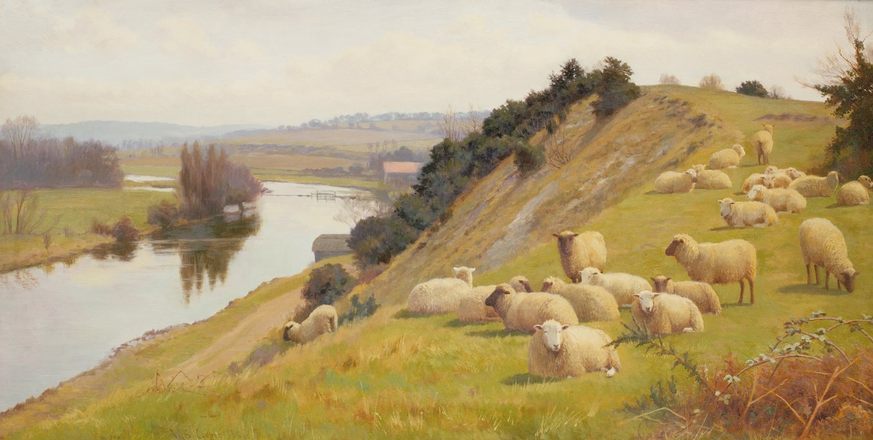 En flodbred med får på en græsmark af William Sidney Cooper