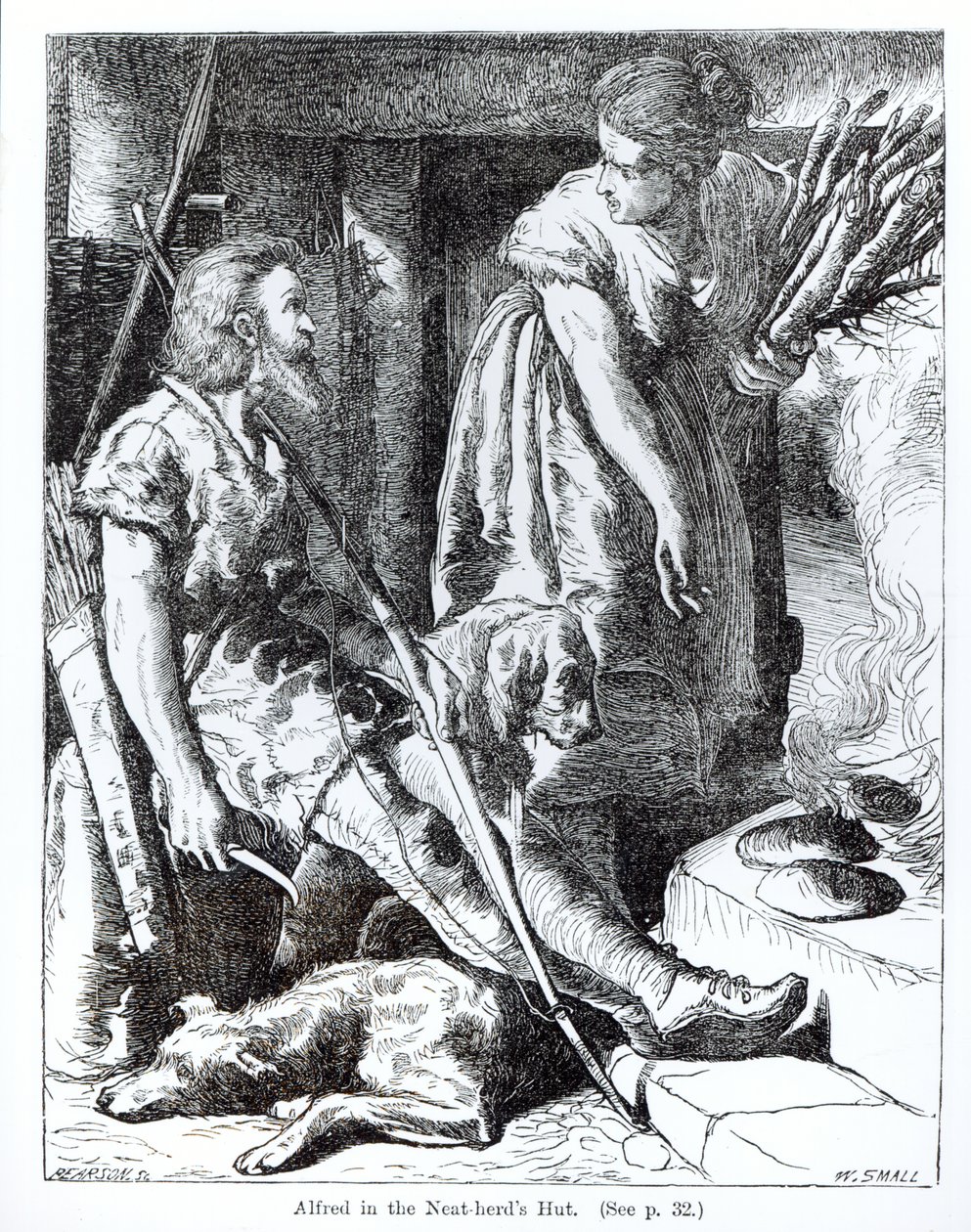 Alfred (849-99) i Neat-hyrdens hytte, graveret af Pearson af William Small