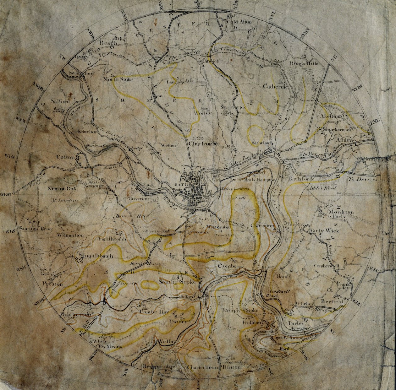 Geologisk kort over kvarteret Bath, indgraveret af John Cary og derefter håndkoloreret af kunstneren, ca. 1799 af William Smith
