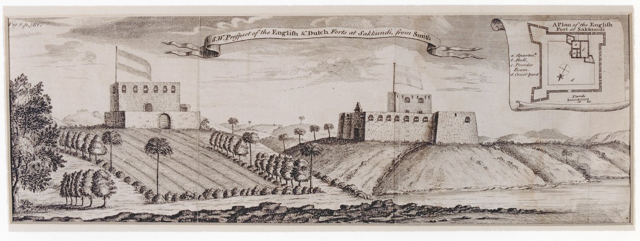 Sydvestlig udsigt til de engelske og hollandske forter ved Sakkundi, ca. 1744 af William Smith