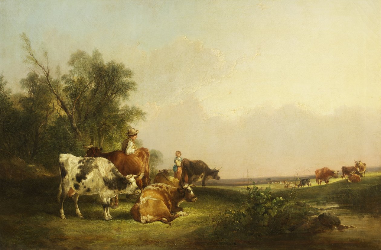 Pastoral scene, kvæg og figurer af William Snr. Shayer