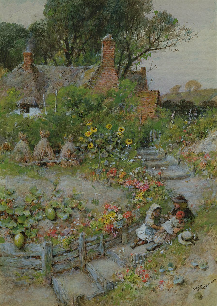 Cottage Garden om sommeren (akvarel) af William Stephen Coleman