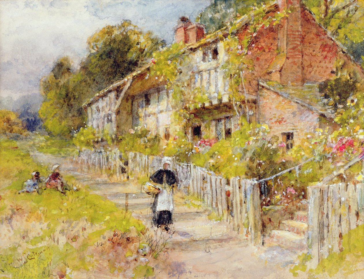 Sommerhuse - en række hytter med en figur og andre børn, der leger af William Stephen Coleman