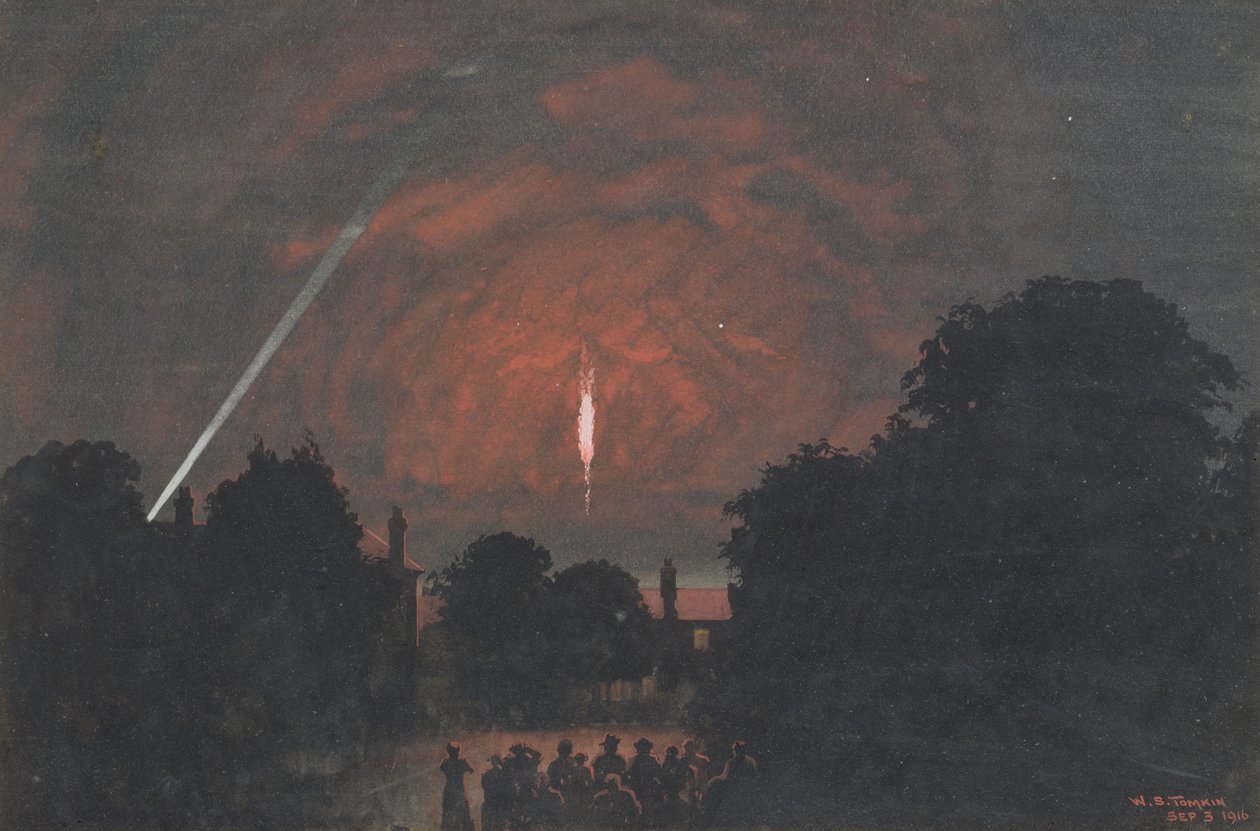 Zeppelineren som faldt ved Cuffley, 1916 (wc & kropsfarve på papir) af William Stephen Tomkin