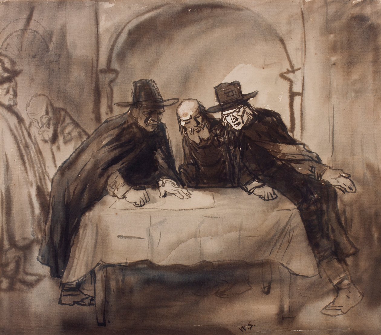 En sammensværgelse, ca. 1905 (pen, pensel og blæk på papir) af William Strang