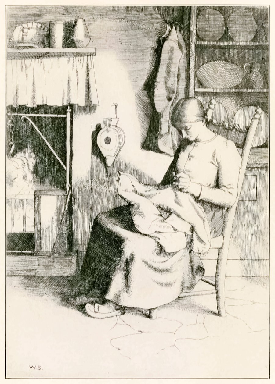 Barmhjertighed ved hendes arbejde fra Pilgrimmenes fremgang fra denne verden, til det som skal komme af John Bunyan (1628-1688) illustration af William Strang (1859-1921) Barmhjertighed laver og reparerer ting for de fattige. af William Strang