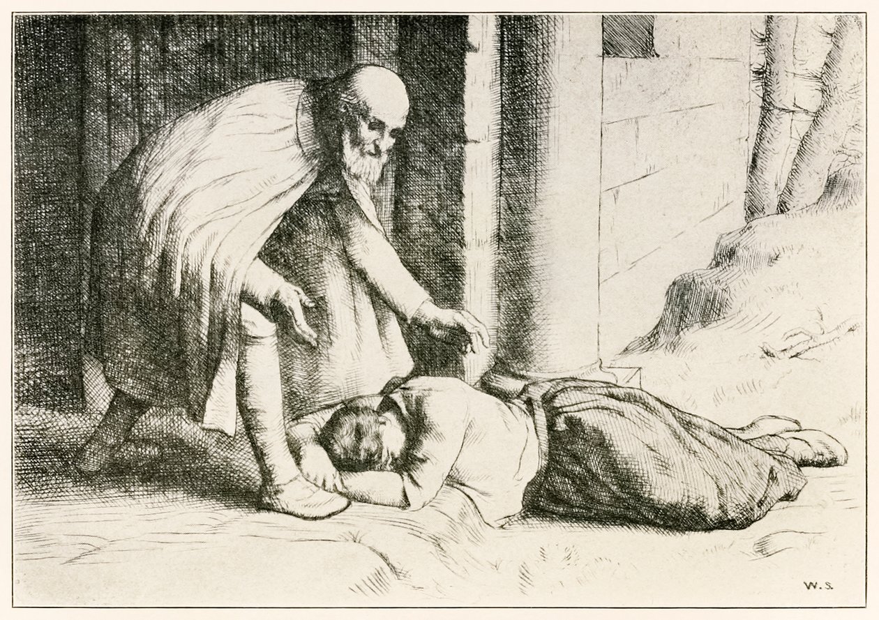 Mercy falder i svime foran porten fra The Pilgrims Progress From This World, To That Who Is To Come af John Bunyan (1628-1688) illustration af William Strang (1859-1921) Portvagten hjælper Mercy, der f. af William Strang