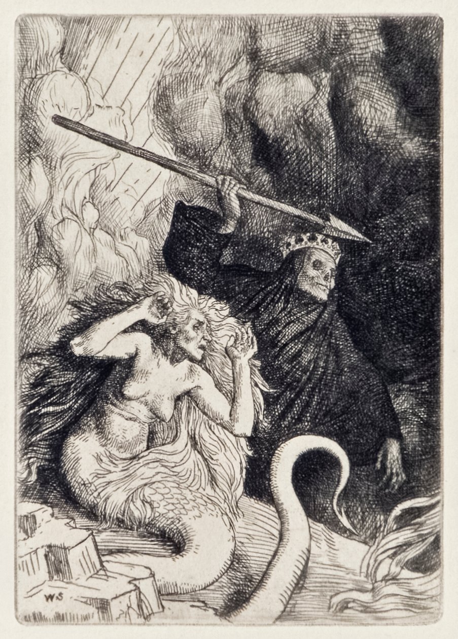Synd og død ved helvedes porte fra Paradise Lost af John Milton (1608-1674) en serie på 12 illustrationer ætset af William Strang (1859-1921) af William Strang