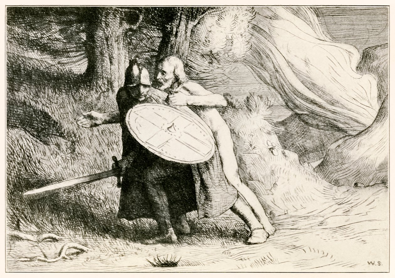 The Valley of the Shadow of Death fra Pilgrimmene Progress From This World, To That What Is To Come af John Bunyan (1628-1688) illustration af William Strang (1859-1921) Christian passerer munden af William Strang