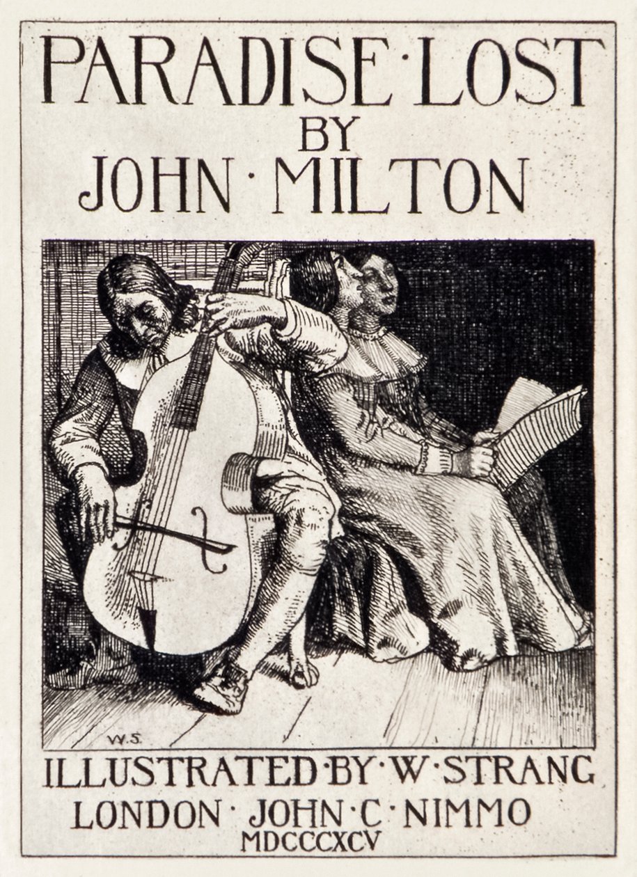 Titelside fra Paradise Lost af John Milton (1608-1674), en serie på 12 illustrationer ætset af William Strang (1859-1921), der viser Milton spille cello for sine døtre. af William Strang