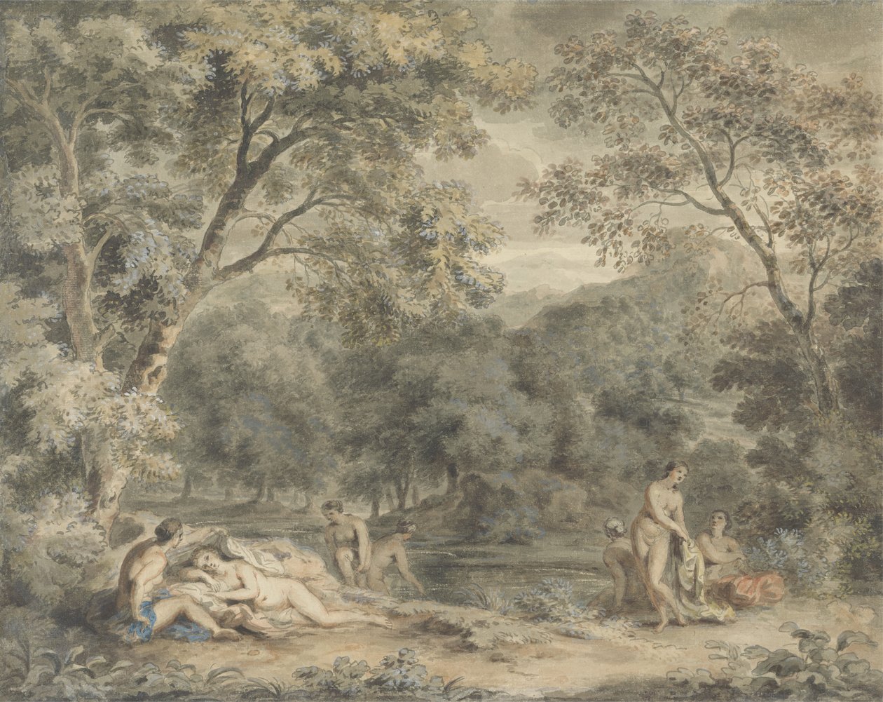 Nymfer, der bader i en skovklædt bakke, ca. 1765-70 (wc & gouache på papir) af William Taverner