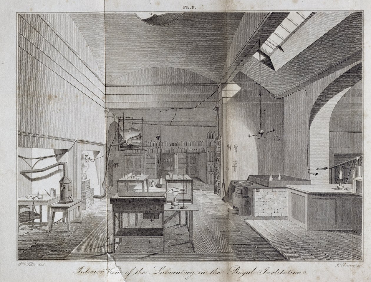 Indvendig visning af laboratoriet i The Royal Institution, indgraveret af James Basire (1796-1869) fra William Thomas Brandes A Manual of Chemistry, udgivet 1819, 1819 af William Tite
