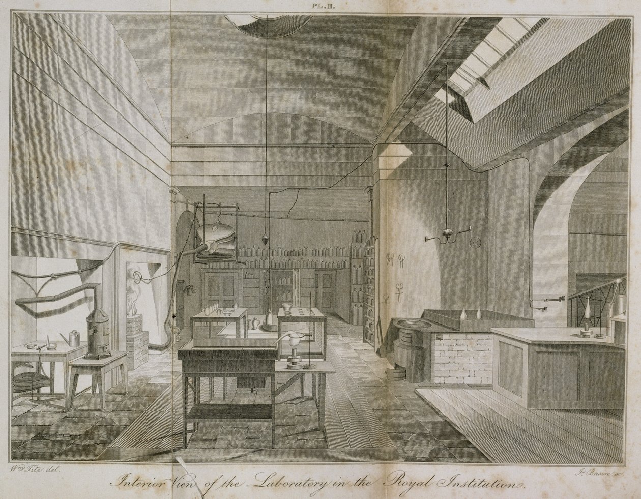 Interiør af Royal Institutions kælderlaboratorium, fra Manual of Chemistry, af W.T. Brande, indgraveret af James Basire, 1819 radering af William Tite
