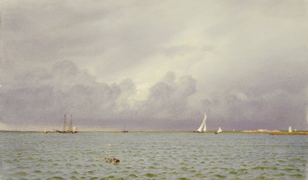 Marine med yachter, 1865-75 (wc & gouache på grøngråt vævet papir) af William Trost Richards