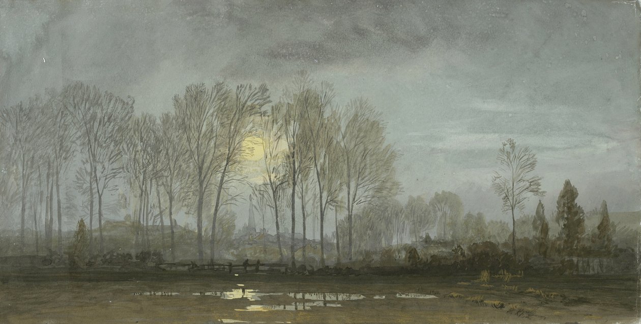 Moonlit Landscape, 1862 (wc med gouache på blågråt vævet papir) af William Trost Richards
