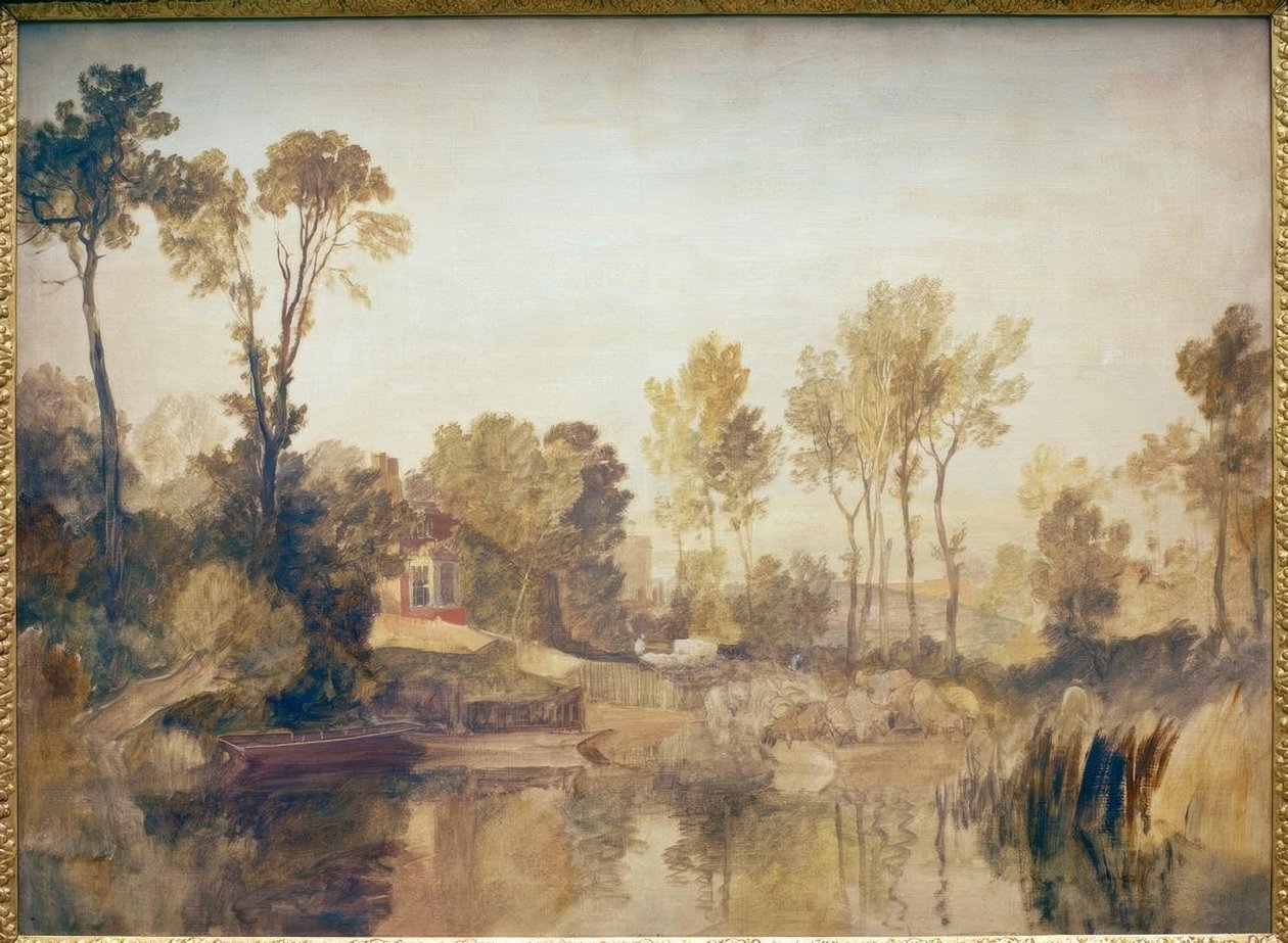 Hus ved siden af en flod, med træer og får af Joseph Mallord William Turner