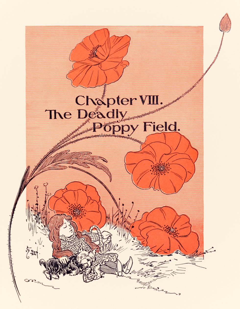 ?Kapitel VIII Den dødbringende valmueplads?, kapitelåbner fra ?Den vidunderlige troldmand fra Oz? af L. Frank Baum af William Wallace Denslow