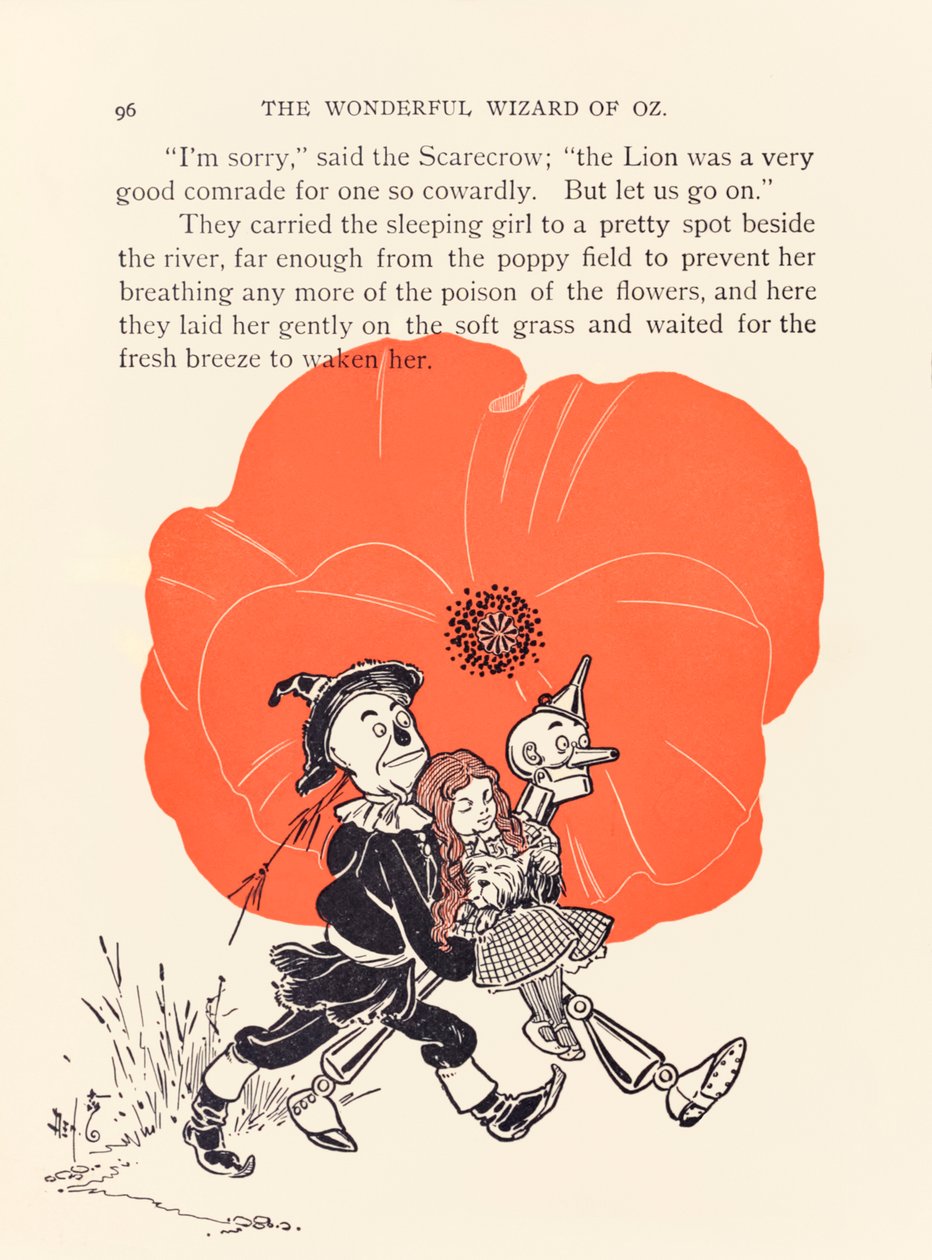Scarecrow og Tin Woodman redder Dorothy fra den dødbringende valmuemark fra ?The Wonderful Wizard of Oz? af L. Frank Baum af William Wallace Denslow