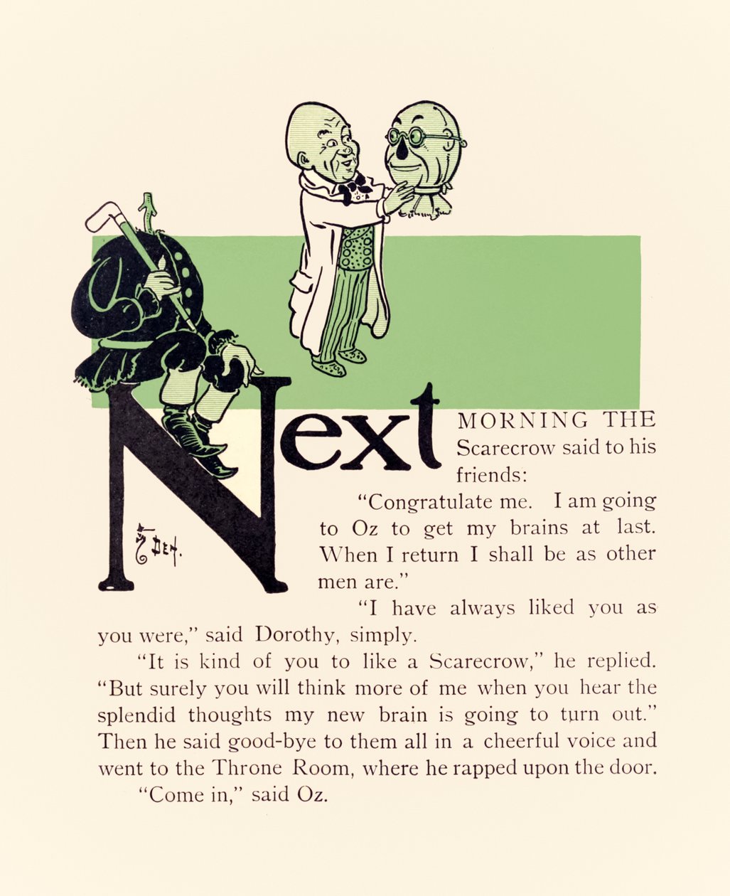 Troldmanden giver fugleskræmselet nye hjerner fra ?Den vidunderlige troldmand fra Oz? af L. Frank Baum af William Wallace Denslow