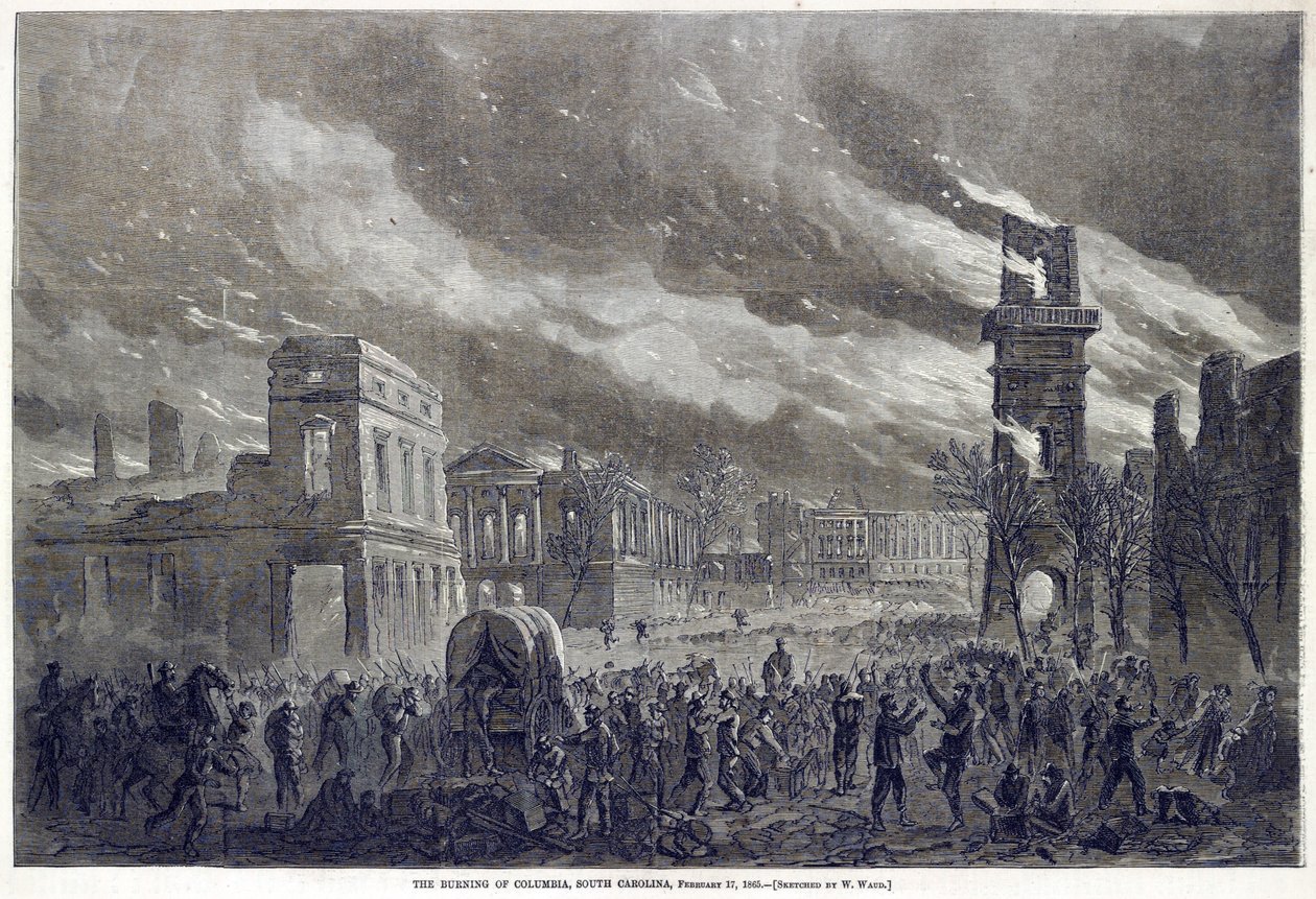 The Burning of Columbia, South Carolina, 17. februar 1865, pub. 1865 af William Waud
