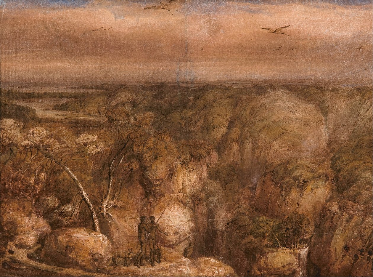 En fjern udsigt over Port Bowen fra Mount Westall af William Westall