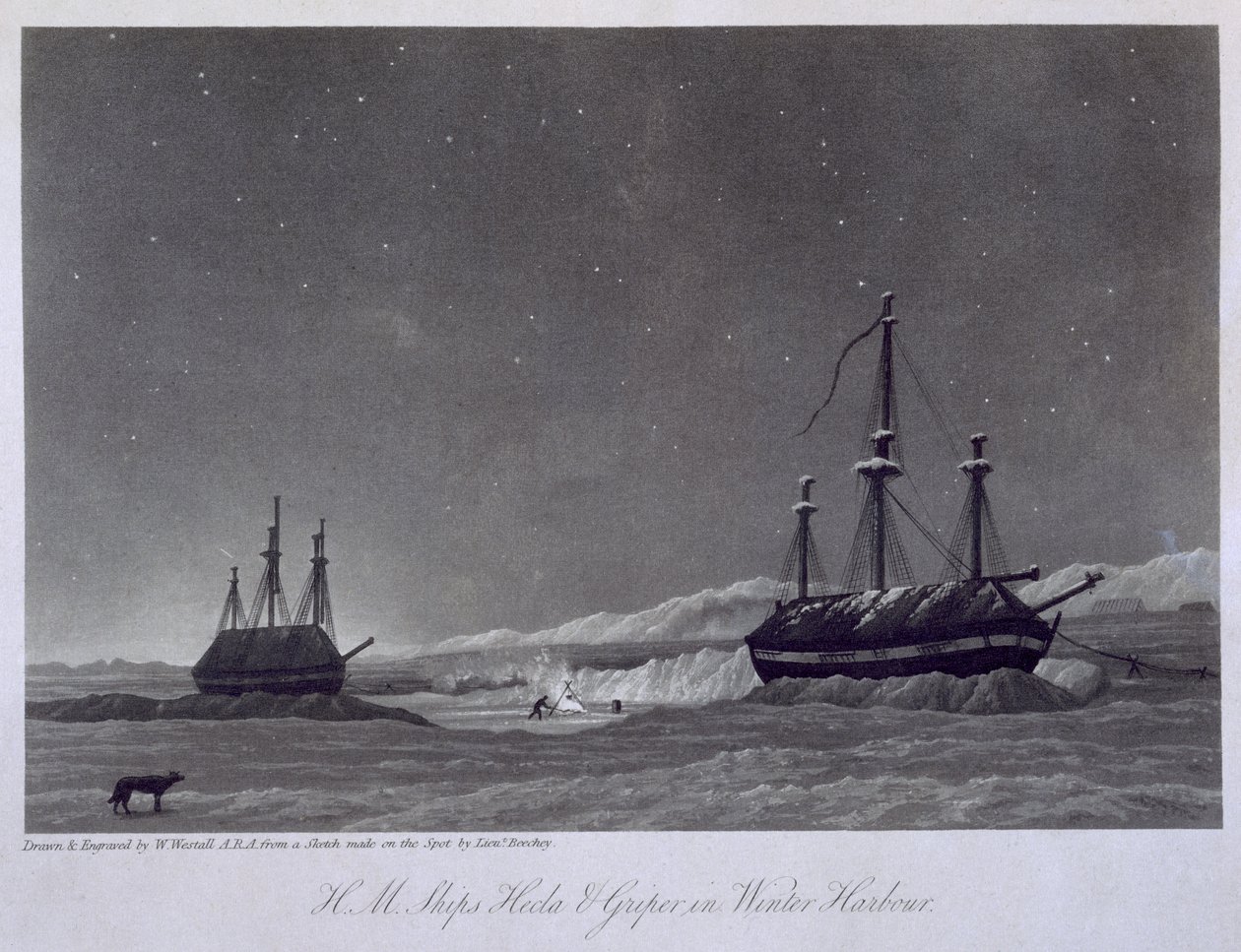 H.M. Ships Hecla und Griper i vinterhavnen, fra "Journal of a Voyage for the Discovery of a North West Passage from the Atlantic to the Pacific performed in the Years 1819-20", af William Edward Par af William Westall