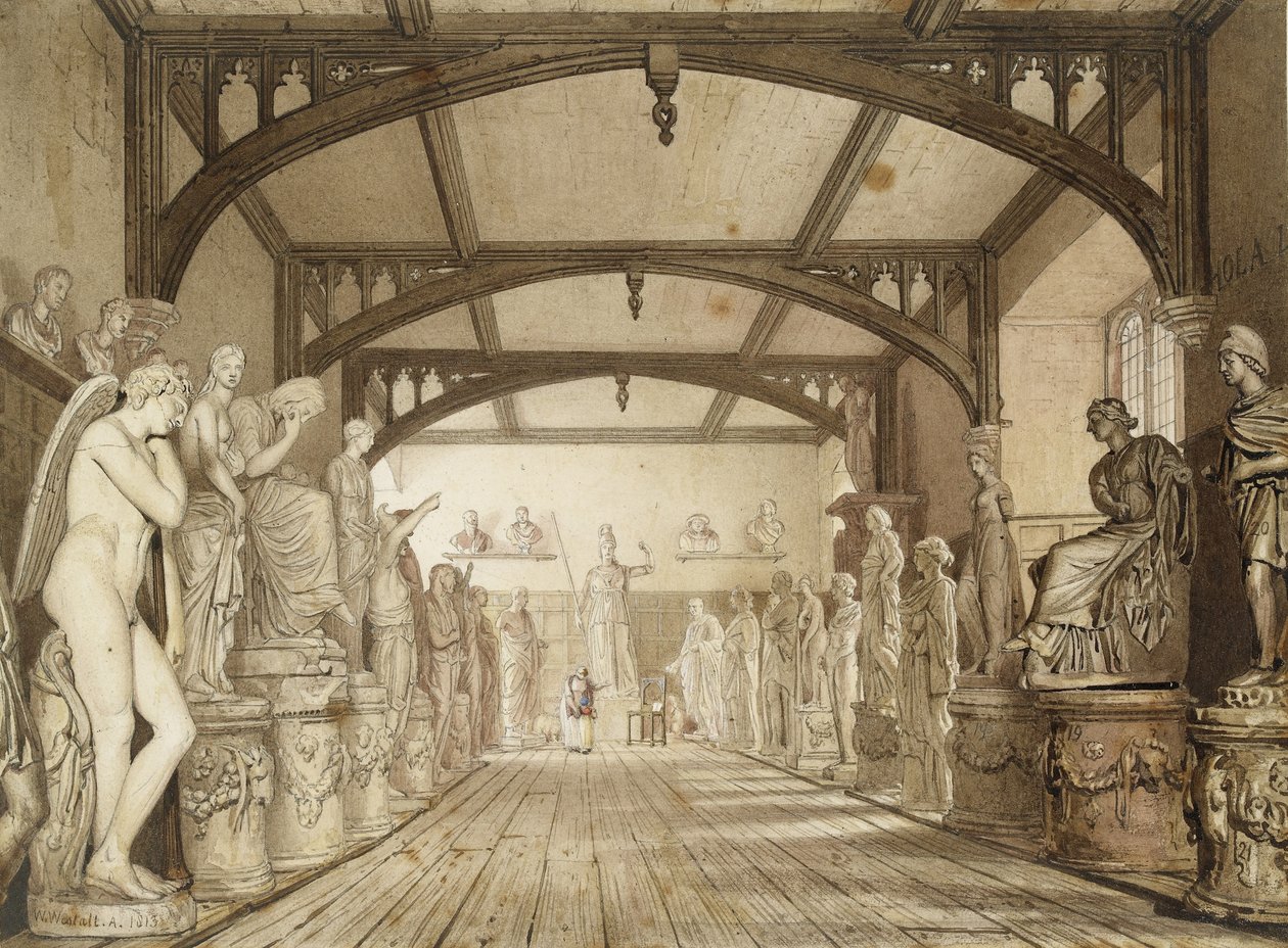 The Sculpture Gallery in the Examination Schools, Oxford, 1813 (Pen og brunt blæk og akvareller over angivelser i grafit) af William Westall