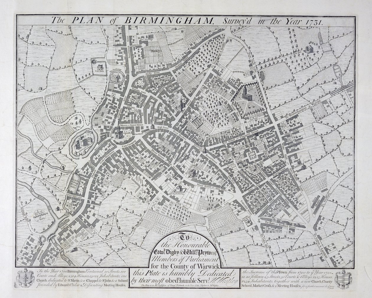 Plan over Birmingham, 1731, offentliggjort 1789 af William Westley