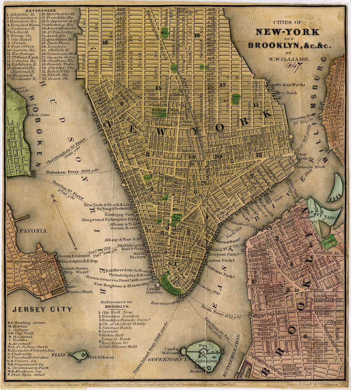 Byerne New-York og Brooklyn, undc. undc., 1847 (sort og farvet blæk på papir, bakket med papir) af William Williams