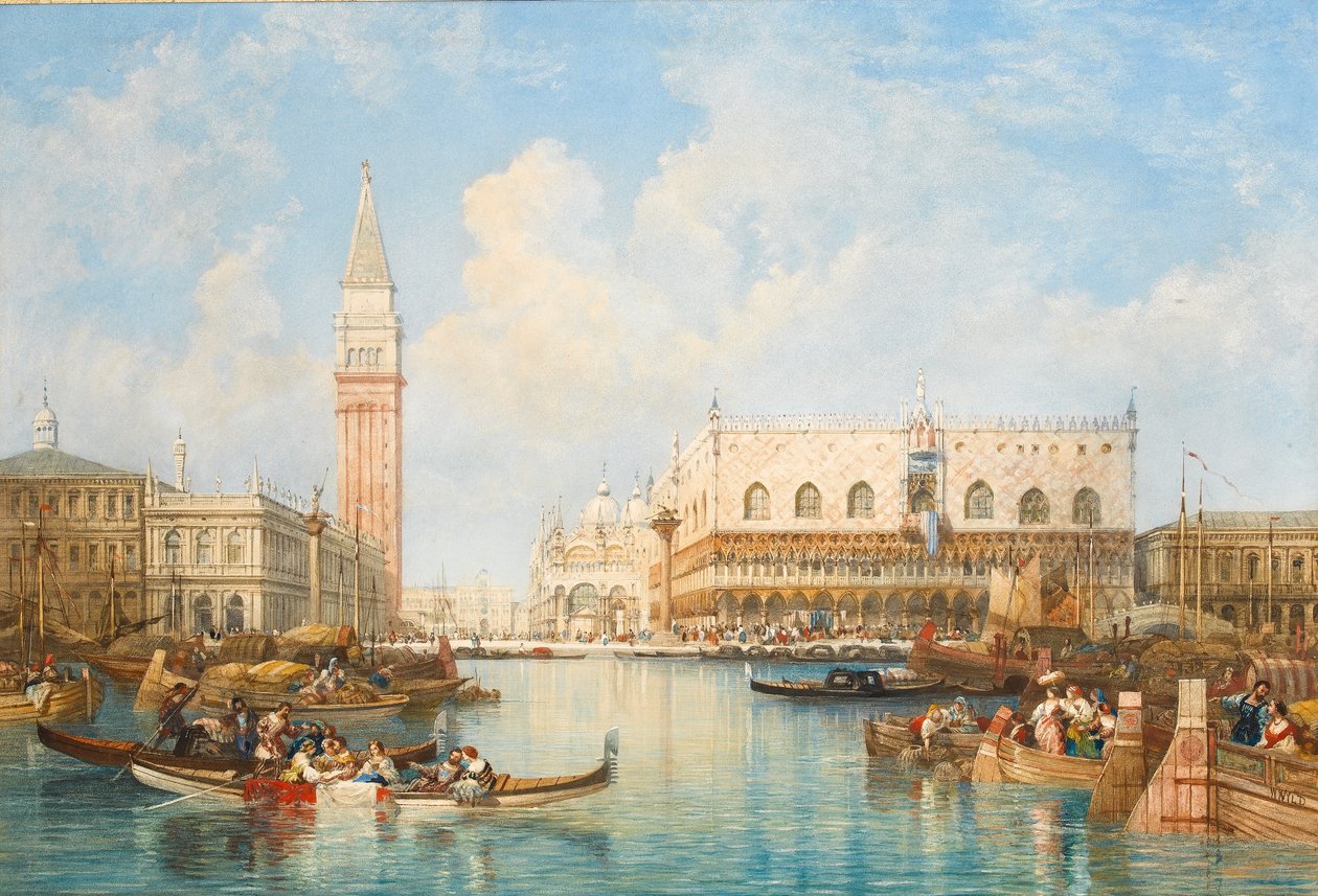 Dogespaladset og Piazetta fra lagunen, Venedig (wc på papir) af William Wyld