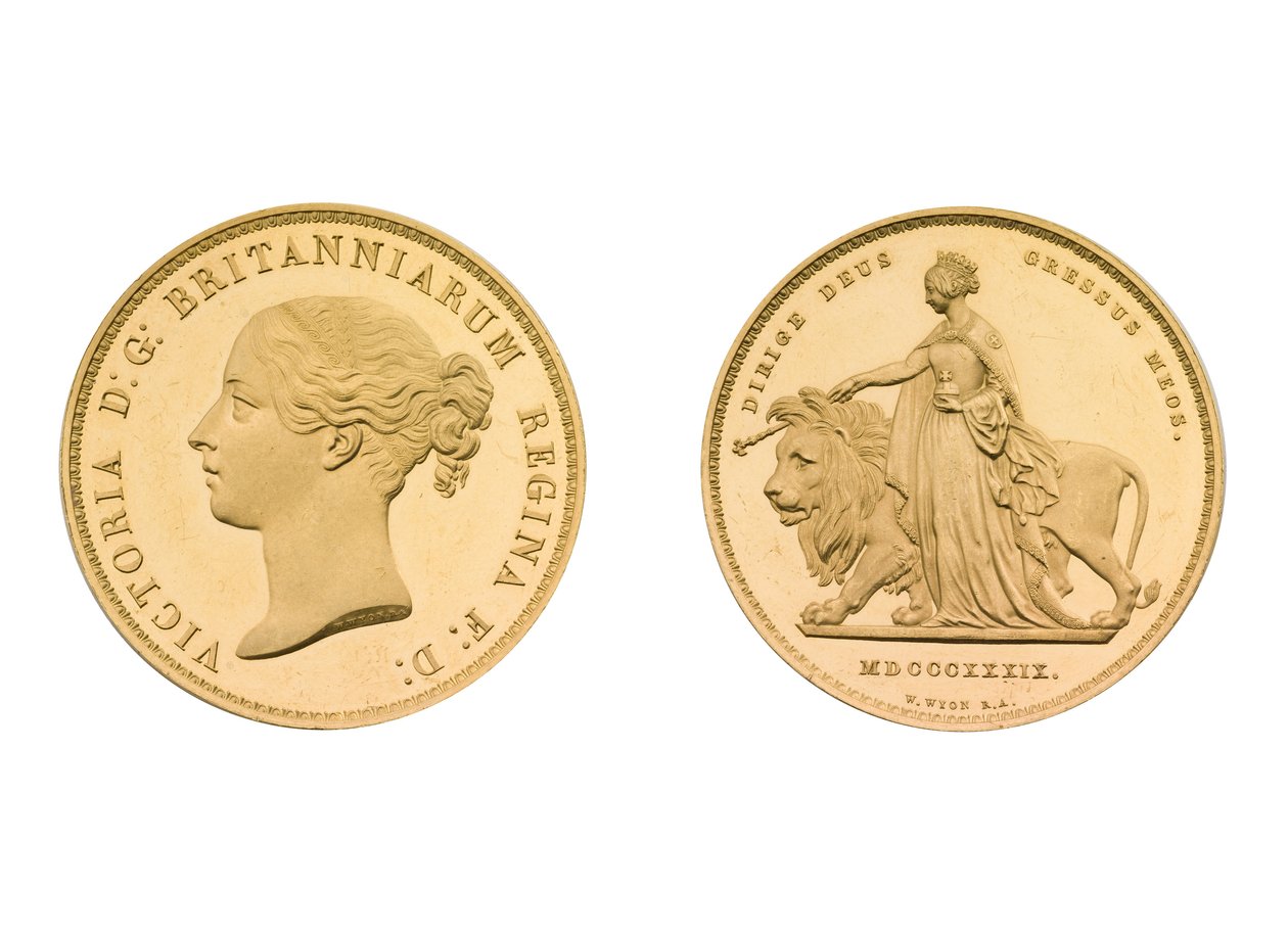 Una og løven mønster £5 stykke, 1839 (guld) af William Wyon