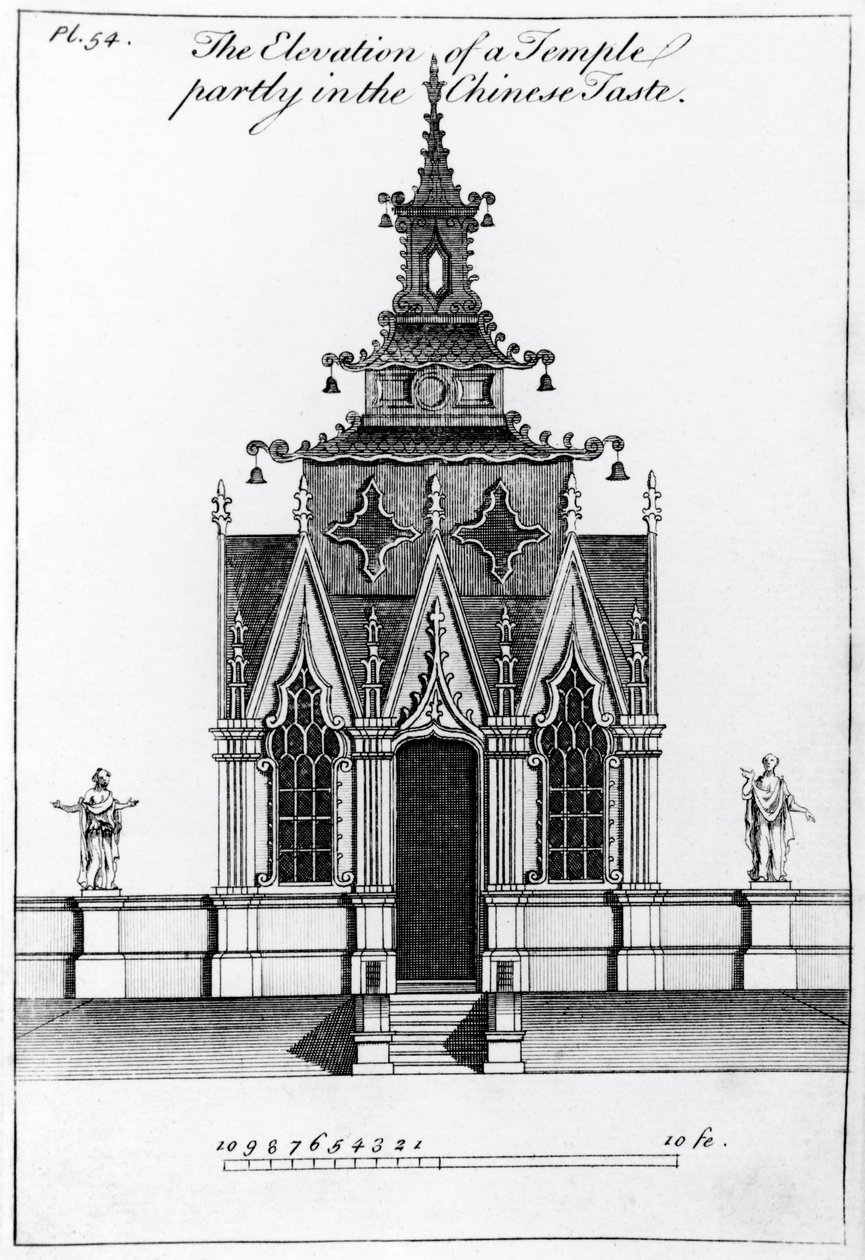 Forhøjelsen af et tempel delvist i den kinesiske smag, fra New Designs for Chinese Temples, udgivet 1750-52 af William after Halfpenny