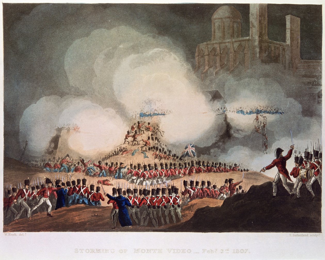 Storming of Monte Video, 3. februar, 1807, indgraveret af Thomas Sutherland (f.c.1785) af William after Heath