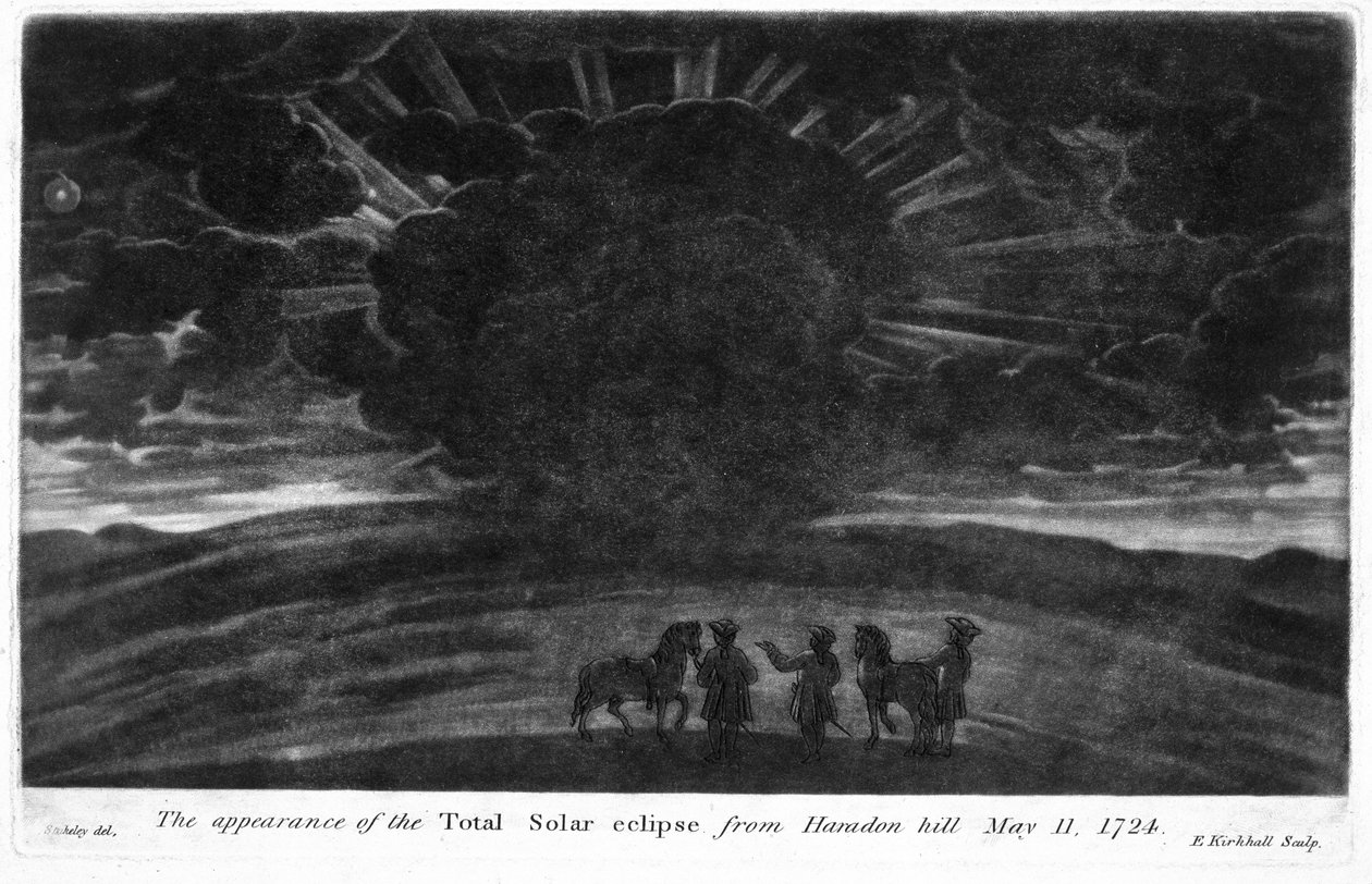 Udseendet af den totale solformørkelse fra Haradon Hill, 11. maj 1724, indgraveret af E. Kirkhall (mezzotint) af William after Stukeley