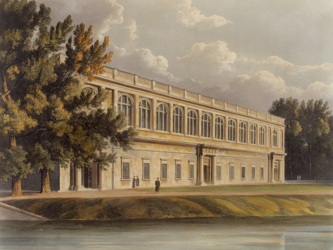 Ydre af Trinity Library fra St. Johns Gardens, Cambridge, fra The History of Cambridge, indgraveret af Joseph Constantine Stadler (fl.1780-1812), pub. af R. Ackermann, 1815 (farveakvatint) af William after Westall