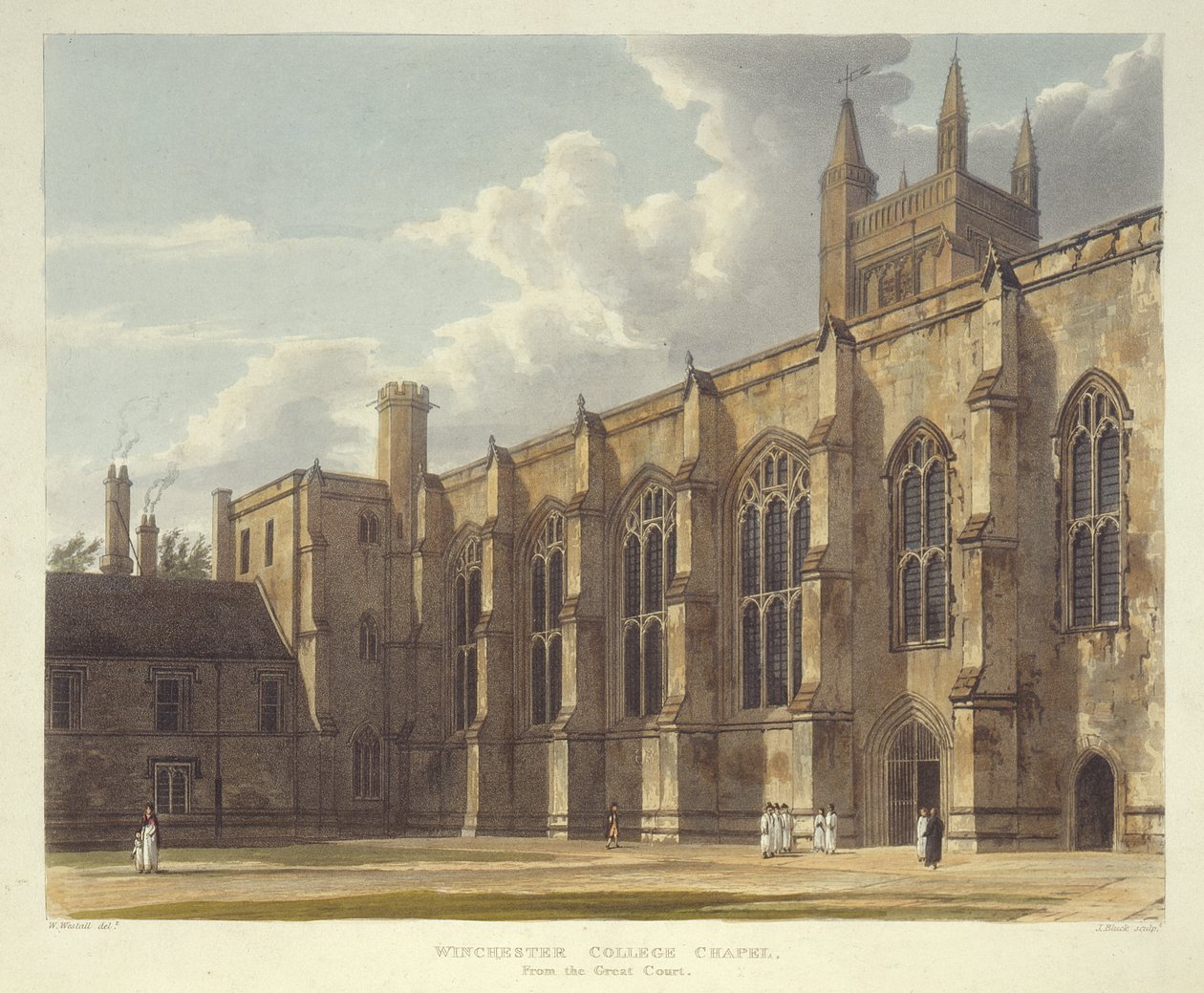Winchester College Chapel fra Great Court, fra History of Winchester College, en del af History of the Colleges, indgraveret af J. Bluck (fl.1791-1831) pub. af R. Ackermann, 1816 (akvatint) af William after Westall
