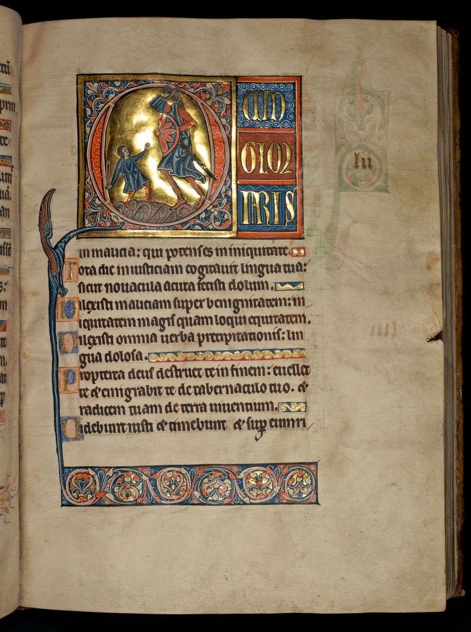 Ms 322 f.54r, Salme 51, bogstav Q, David og Goliat, illustration fra "De Brailes Psalter", ca.1250 af William de Brailes  