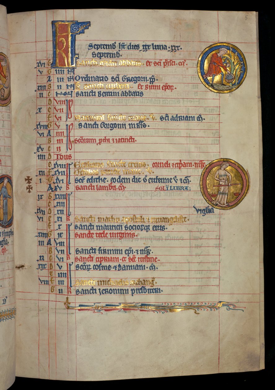 Ms 322 f.5r, september, en mand plukker frugt, illustration fra 