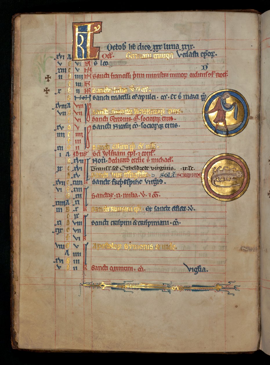Ms 322 f.5v, oktober, en mand der sår, illustration fra "De Brailes Psalter", ca. 1250 af William de Brailes  