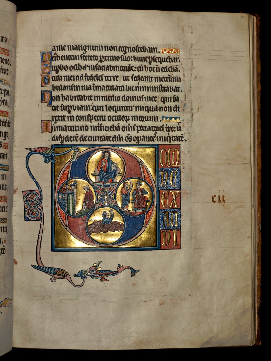 Ms 322 f.99r, Salme 101, initial D, Kristus velsignelse, David stirrede på Bathsheba, Nathan irettesætter David og den angrende David, der beder, illustration fra 