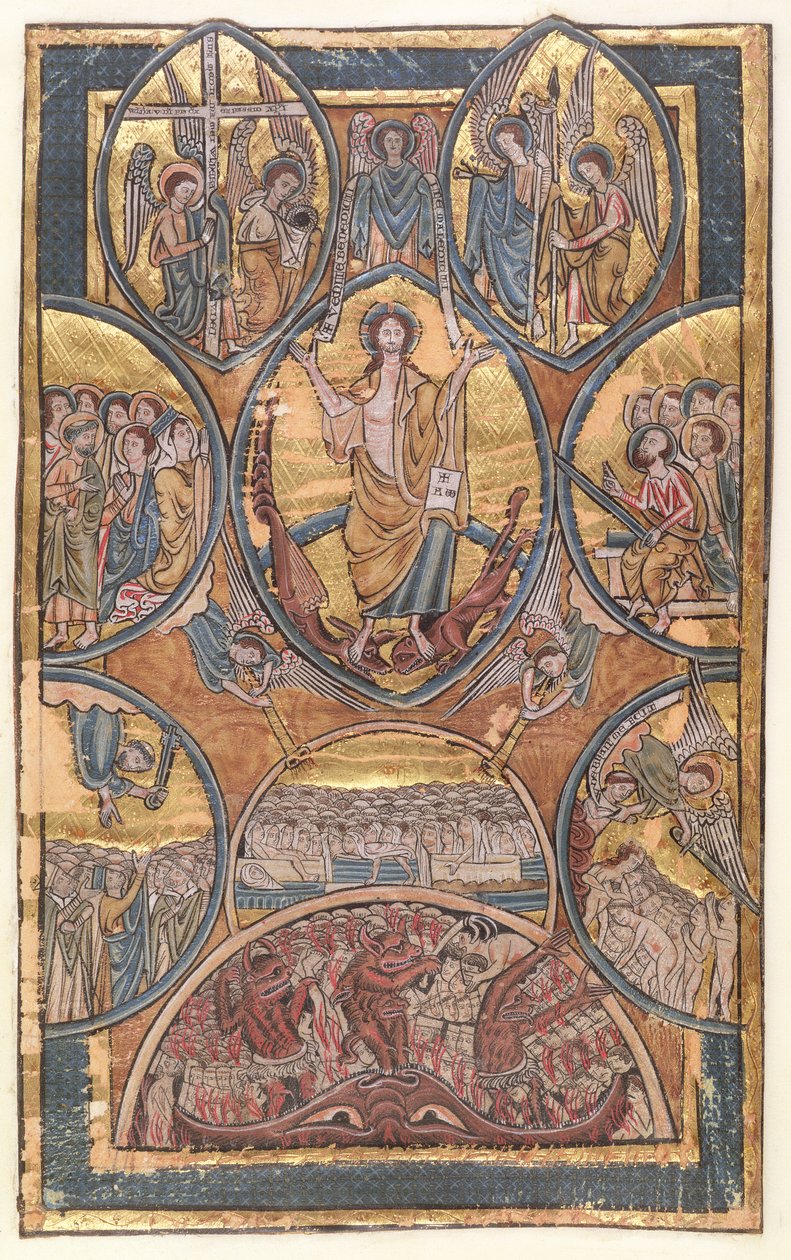 Ms 330 f.3 Den sidste dom med selvportræt af illuminatoren reddet af sin skytsengel, fra en salmebog, ca.1240 af William de Brailes  
