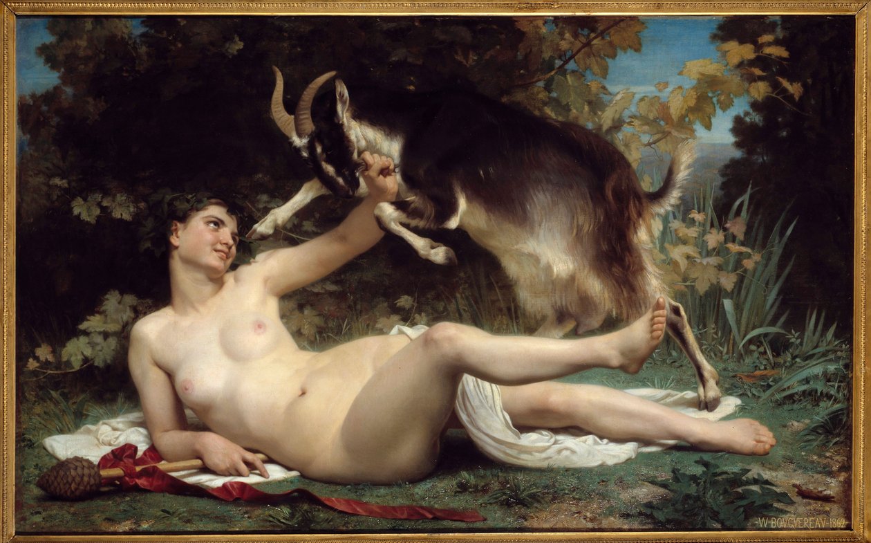 En Bacchante Hun er repræsenteret med en ged. Maleri af William Adolphe Bouguereau (1825-1905) 1862 søn. 1,15 X 1,85 m Bordeaux, Musee des Beaux Arts af William Adolphe Bouguereau