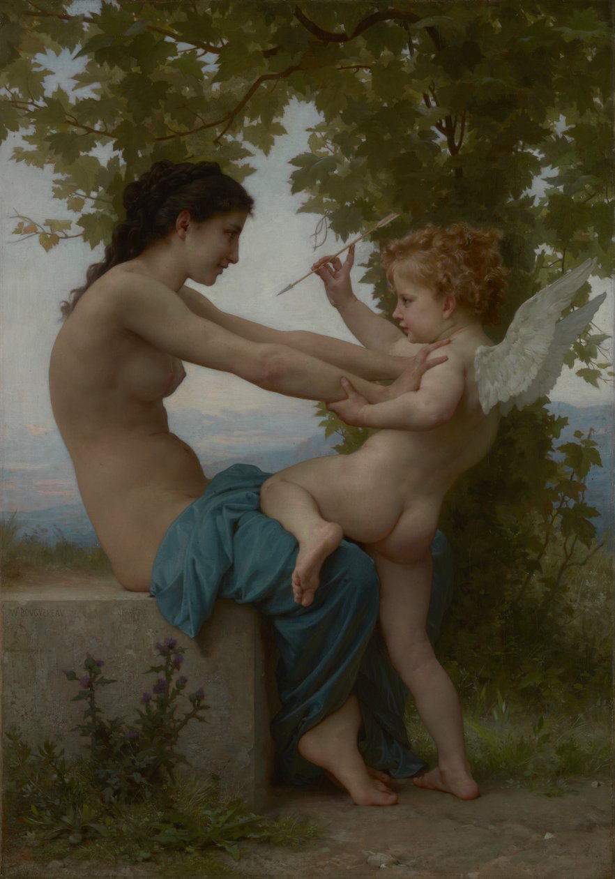 En ung pige, der forsvarer sig mod Eros, ca. 1880 (olie på lærred) af William Adolphe Bouguereau