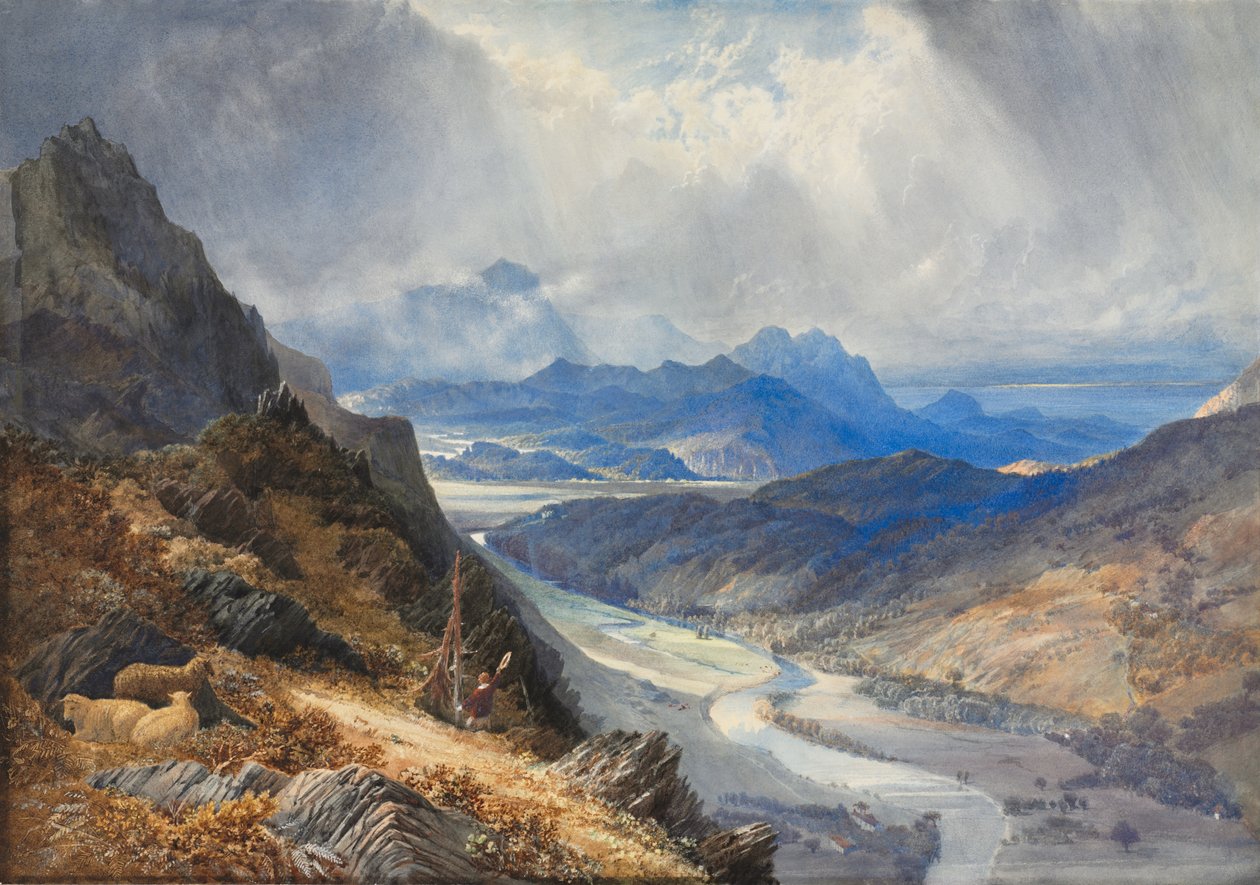 Udsigt fra Moel Cynwich: Looking Over the Vale of Afon Mawddach and Toward Cader Idris, ca. 1850 (akvarel med scratch-away, fremhævet med hvidt) af William (1789 1862) Turner